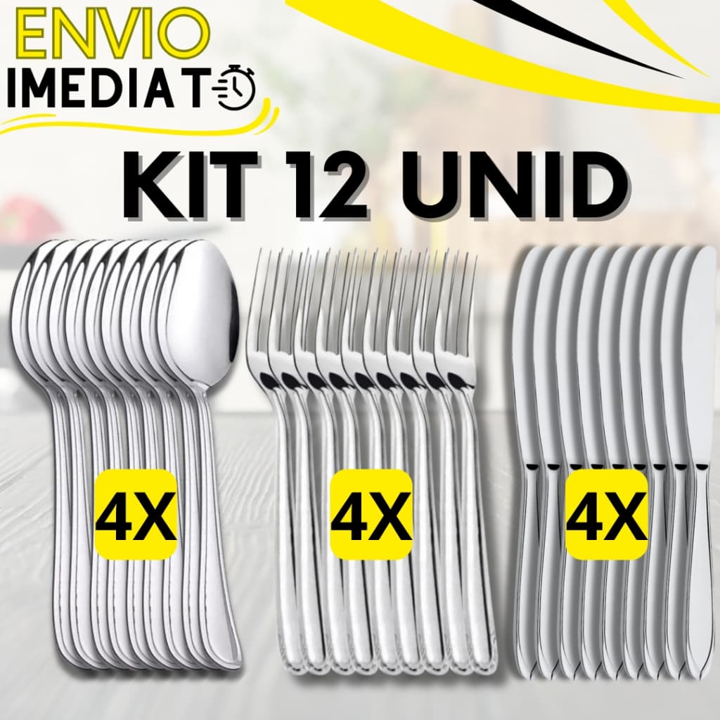 KIT Jogo 12 Peças 4 Garfo 4 Colher 4 Faca Talher Aço Inox Polido para Casa Cozinha Restaurante Buffet Faqueiro