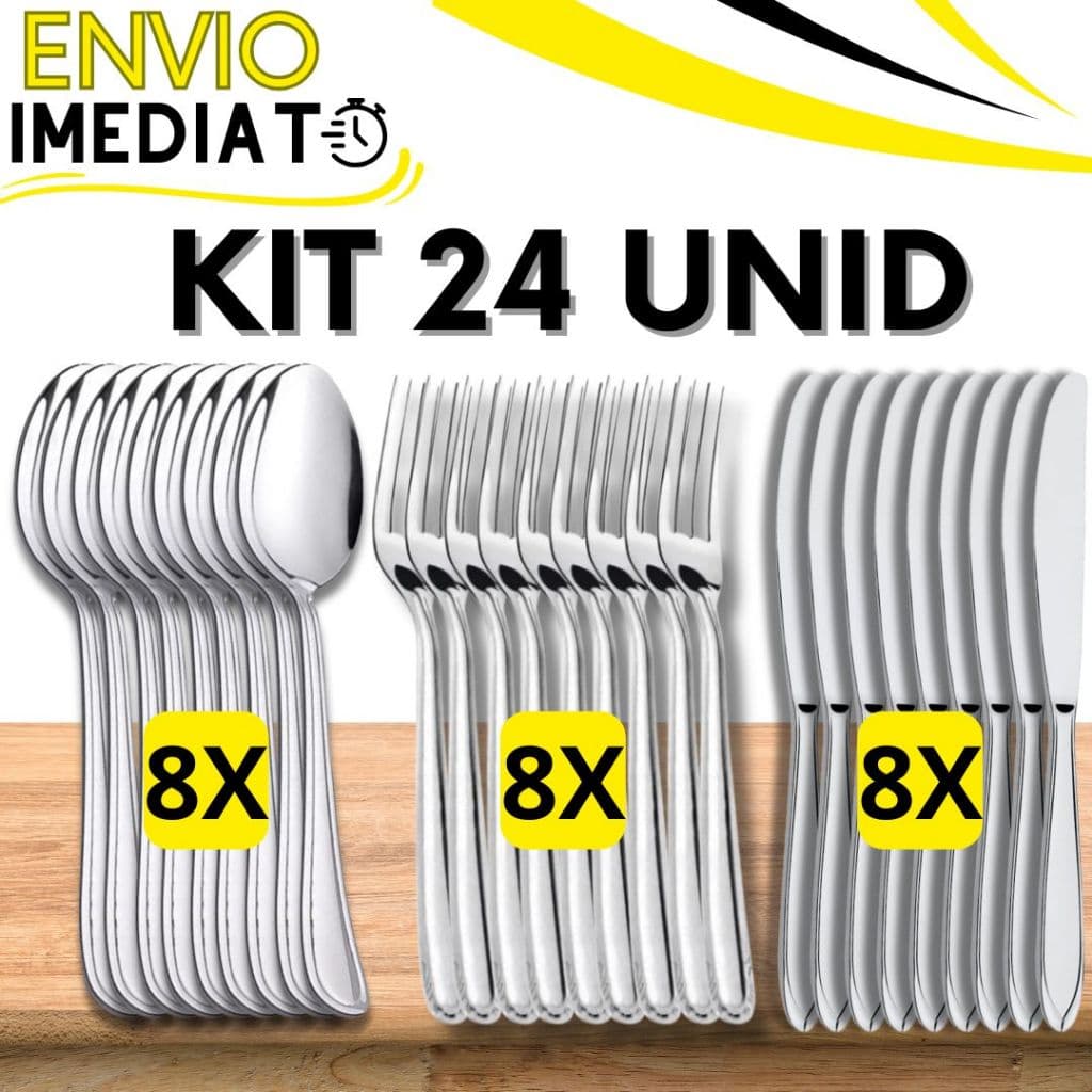 KIT Jogo 24 Peças 8 Garfo 8 Colher 8 Faca Talher Aço Inox Polido para Casa Cozinha Restaurante Buffet Faqueiro