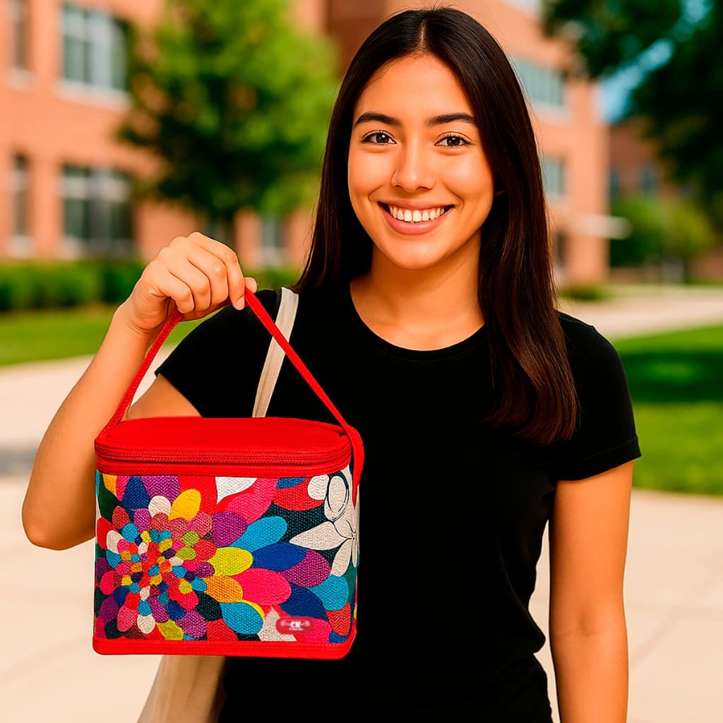 Frasqueira Térmica  Feminina Vermelha Floral Estampada para o Trabalho Marmita Lanche Escola Faculdade