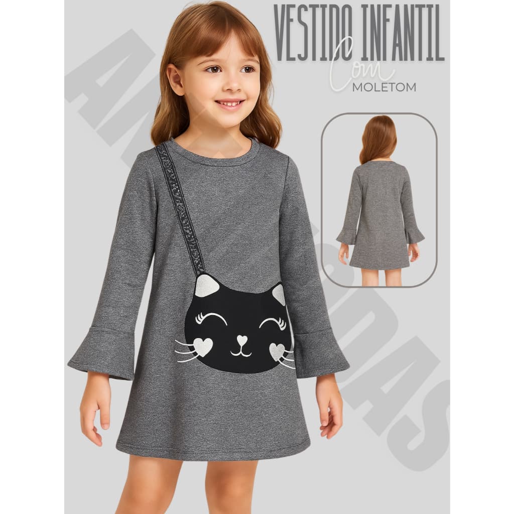 Vestido Moletom Inverno Menina Manga Longa Morcego Gatinho