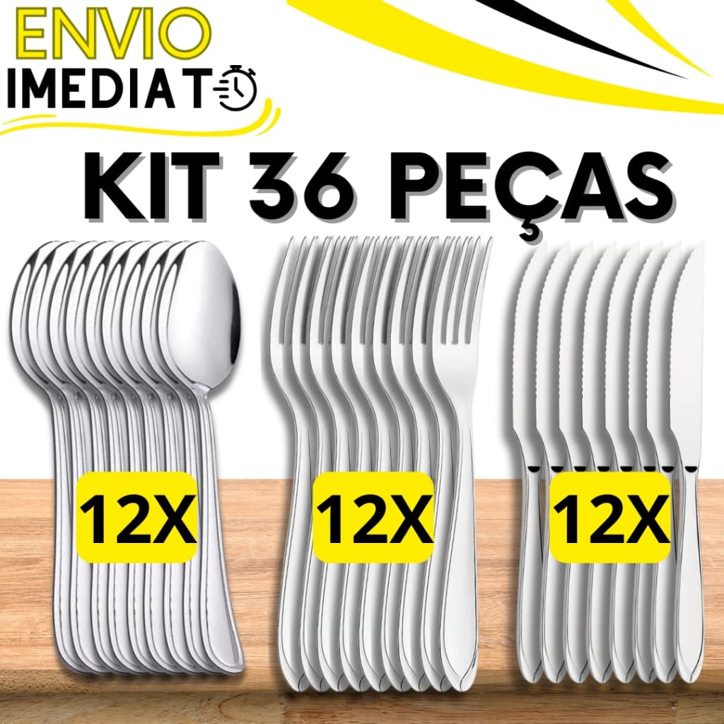 KIT Jogo 36 Peças 12 Garfo 12 Colher 12 Faca Talher Aço Inox Polido para Casa Cozinha Restaurante Buffet Faqueiro