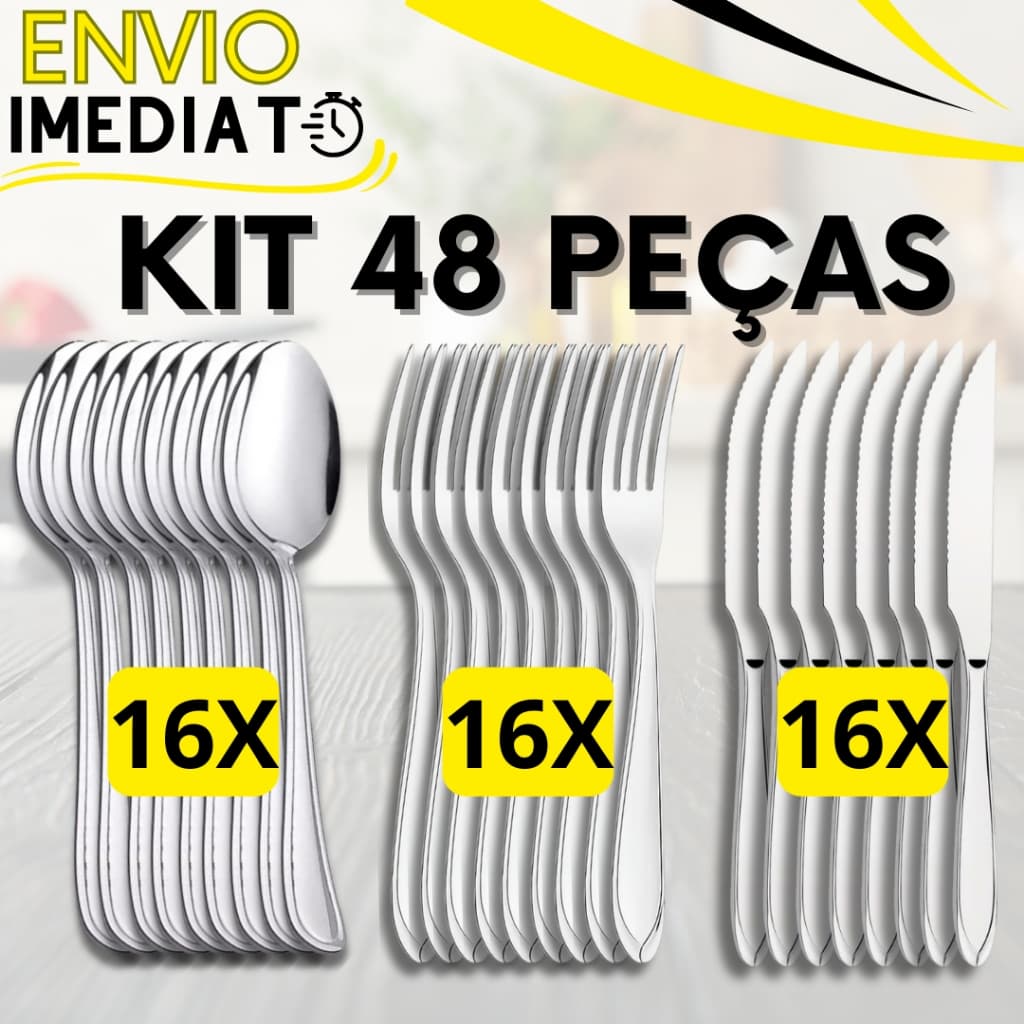 KIT Jogo 48 Peças 16 Garfo 16 Colher 16 Faca Talher Aço Inox Polido para Casa Cozinha Restaurante Buffet Faqueiro