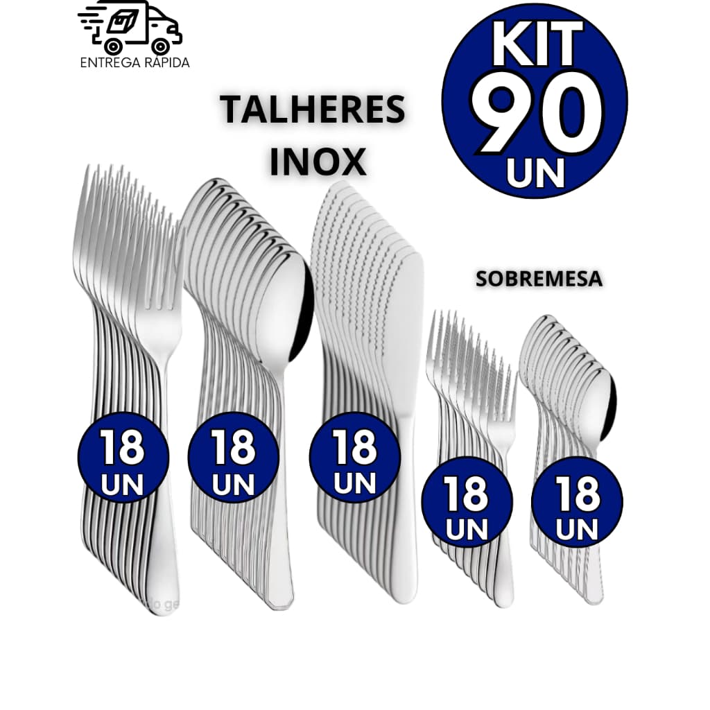 Kit 90 Talher 100% Inox 18 Garfos 18 Colheres 18 Facas 18 Garfos de Sobremesa 18 Colheres Sobremesa