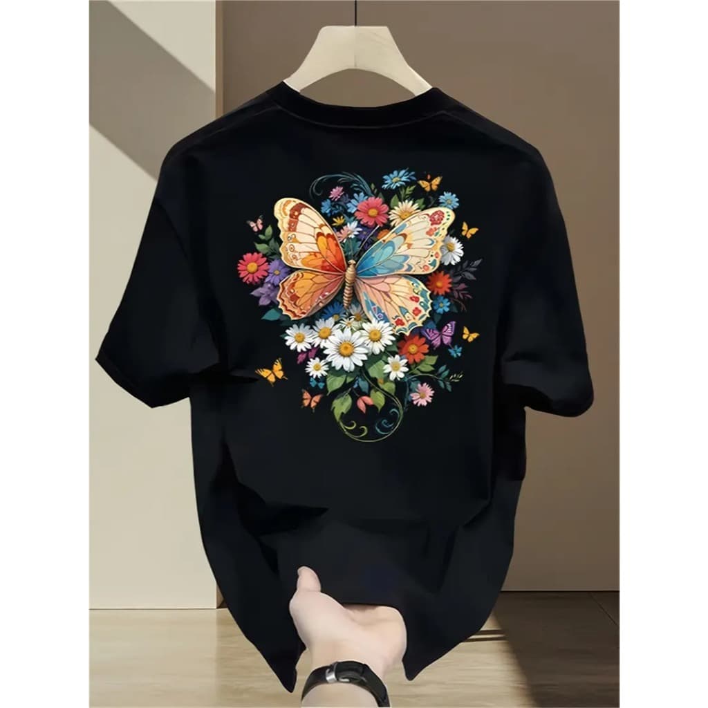 Camiseta Algodão Adulto Infantil Plus Size Borboleta Flores Colorido Streetwear Moda Premium