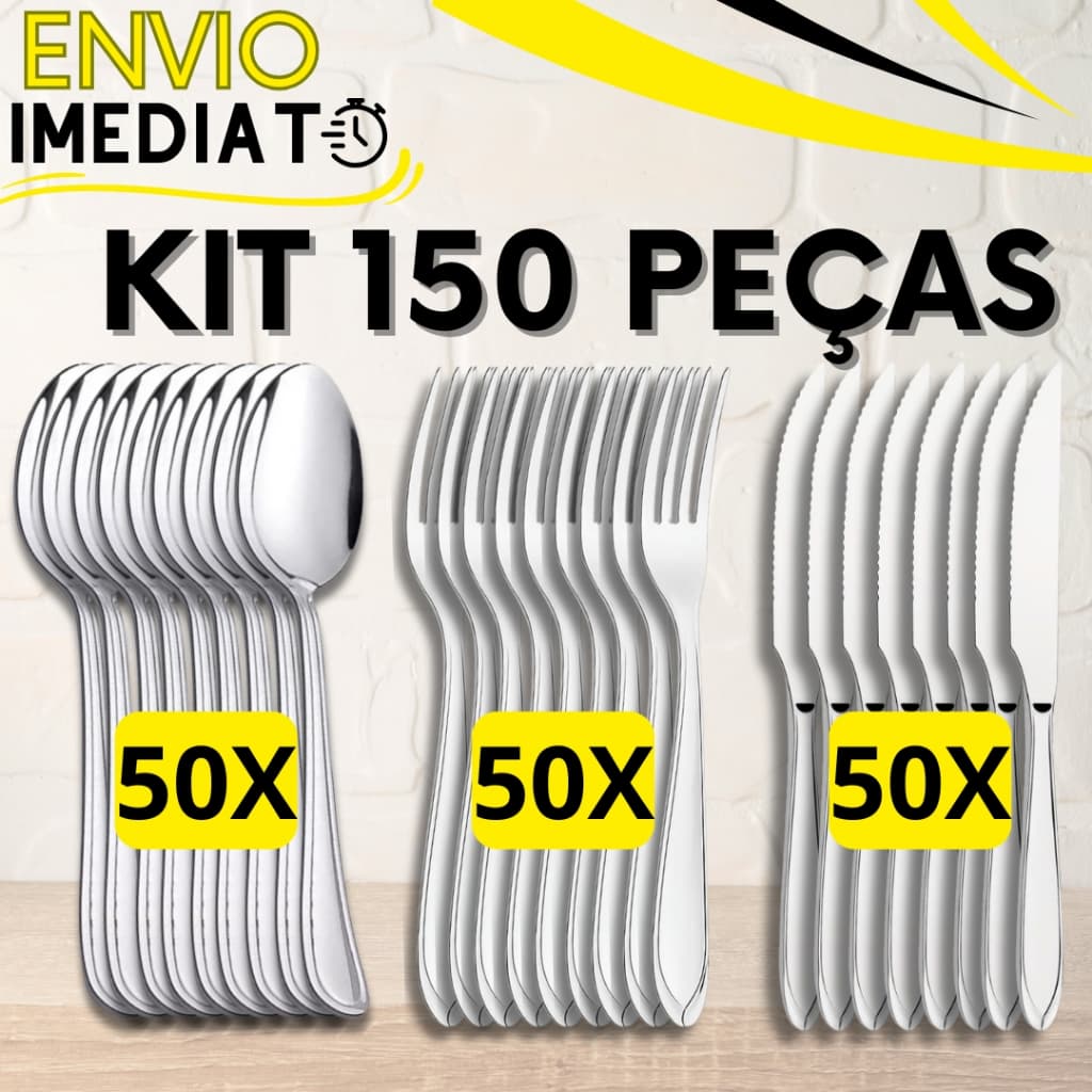 KIT Jogo 150 Peças 50 Garfo 50 Colher 50 Faca Talher Aço Inox Polido para Casa Cozinha Restaurante Buffet Faqueiro