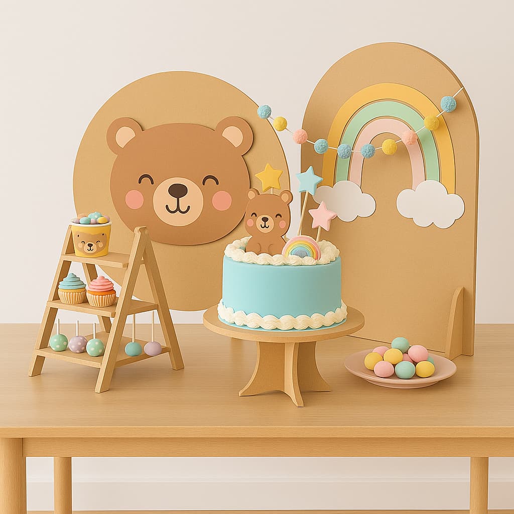 Kit Mini Festa Mesa Painel Redondo Mdf + Arco Romano + Boleira + Escadinha Porta Doce Lembrancinha