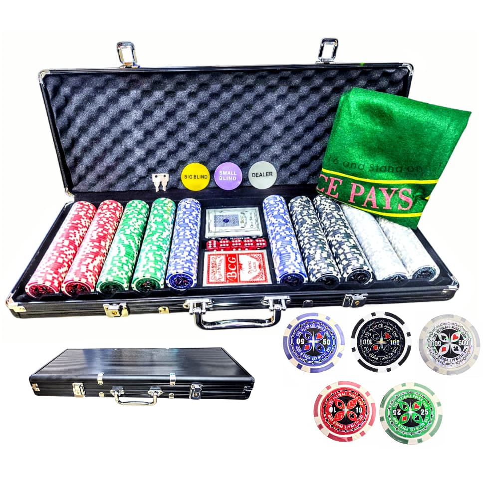 Mala de Poker 500 Fichas Luxo C/ Numeração Tapete Chave Mala 2 Baralhos 5 Dados Pôquer diversão e jogos.