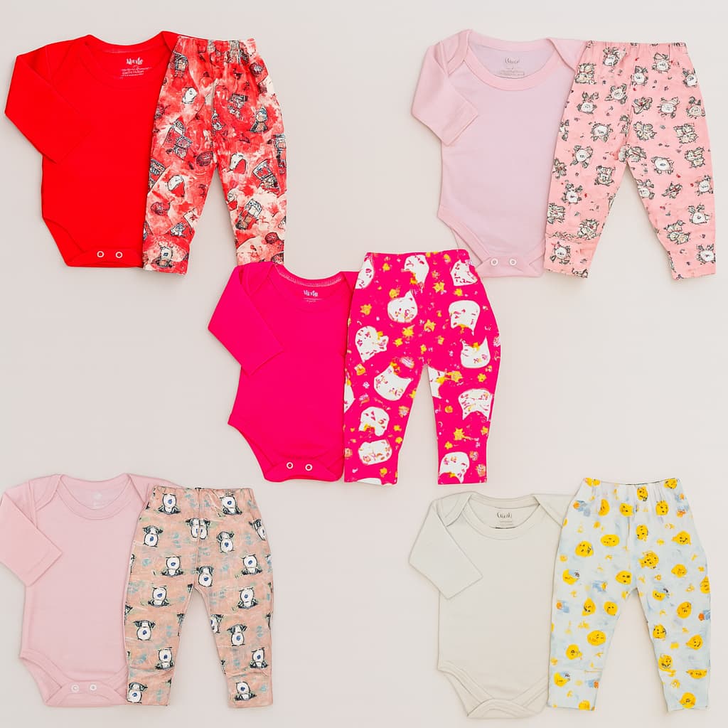 Kit body e mijão 10 Peças Bebê – 5 Bodys Lisos + 5 Mijões Estampados 100% Algodão RN a 9M .