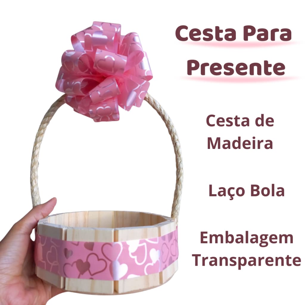 Cesta de Madeira 13cm,16cm ou 20cm, Laço Bola e Embalagem Transparente Kit Completo Para Presentes