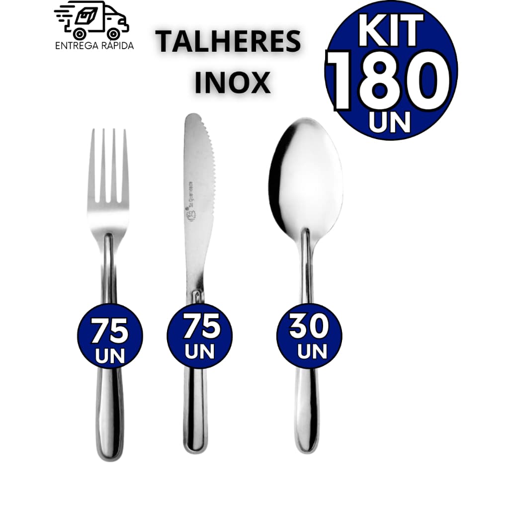 Kit 180 Talheres 100% Inox 75 Garfos 75 Facas 30 Colheres Buffet Casa Cozinha Lanchonete Cantina
