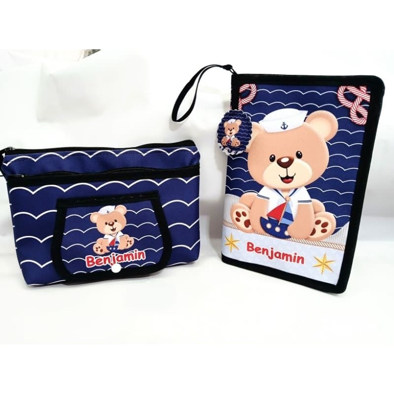 kit Bebê Porta Documentos infantil (Capa Caderneta deVacina)+ Porta fraldas e Lenço Umedecidos Ursinho Realeza