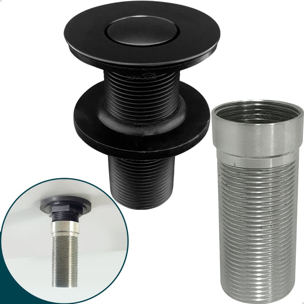 Valvula Click Preta Longa Com Prolongador 14cm Inox 7/8 Ralo Pia Banheiro Cuba de Apoio Sobrepor