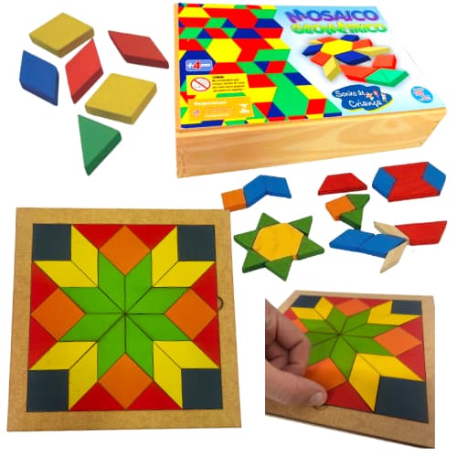 Mosaico Geométrico Quebra Cabeça em Madeira Colorido Material Educativo Pedagógico