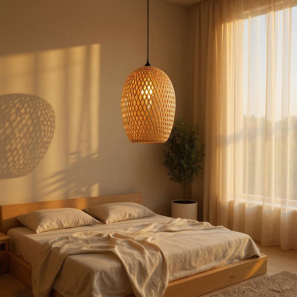 Luminária de Teto Lustre Pendente Bambu Vime Rústico Sala Cozinha Bancada Saint Martin 23x36cm