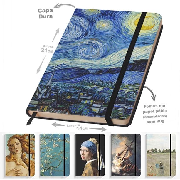 Caderno Sketchbook para desenho 21x14 obras de arte Van Gogh - Monet - Vermeer - Botticelli