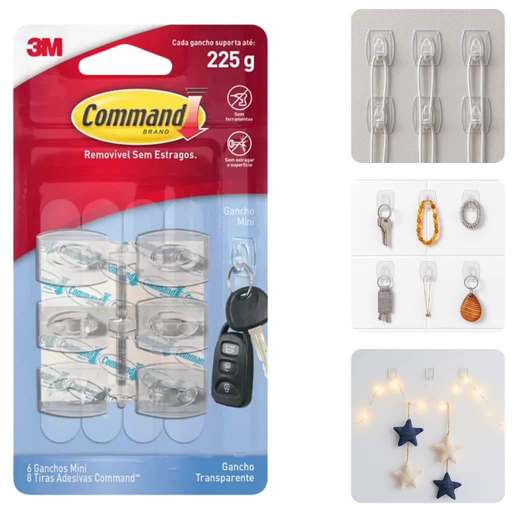 Gancho Adesivo 3M Command Transparente Mini Com 6 Peças Para Quadros Chaves e Decorações