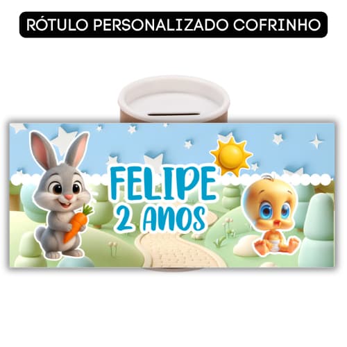 rótulo cofrinho personalizado loney tunes baby | adesivo para cofrinho | lembrancinha | fazemos todos os temas