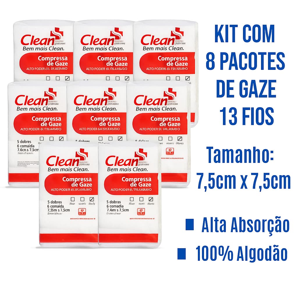 Kit 8 Pacotes Gaze 13 Fios 7,5x7,5cm Compressa Algodão Não Estéril Curativo Alta Absorção