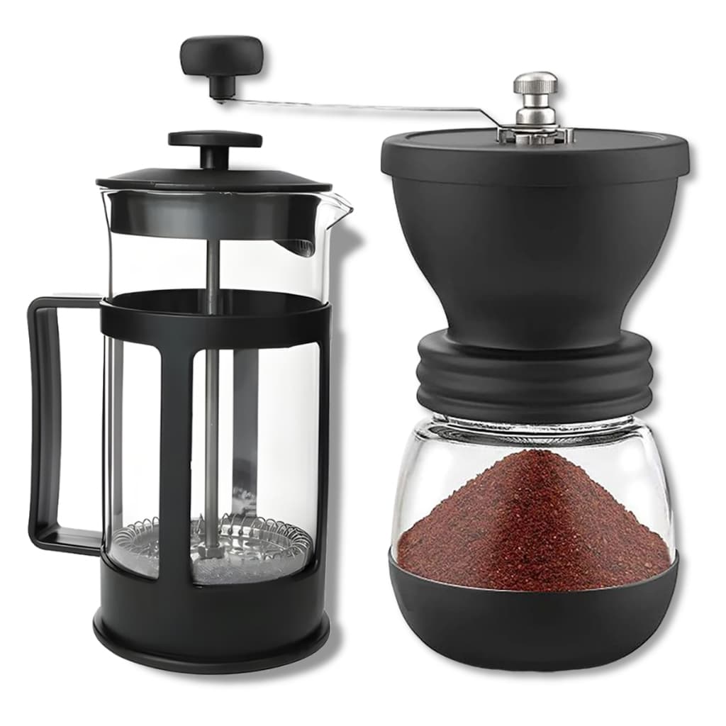 Kit Prensa Francesa 350ml com Moedor Manual de Grãos e Ajuste de Moagem Fino, Médio e Grosso