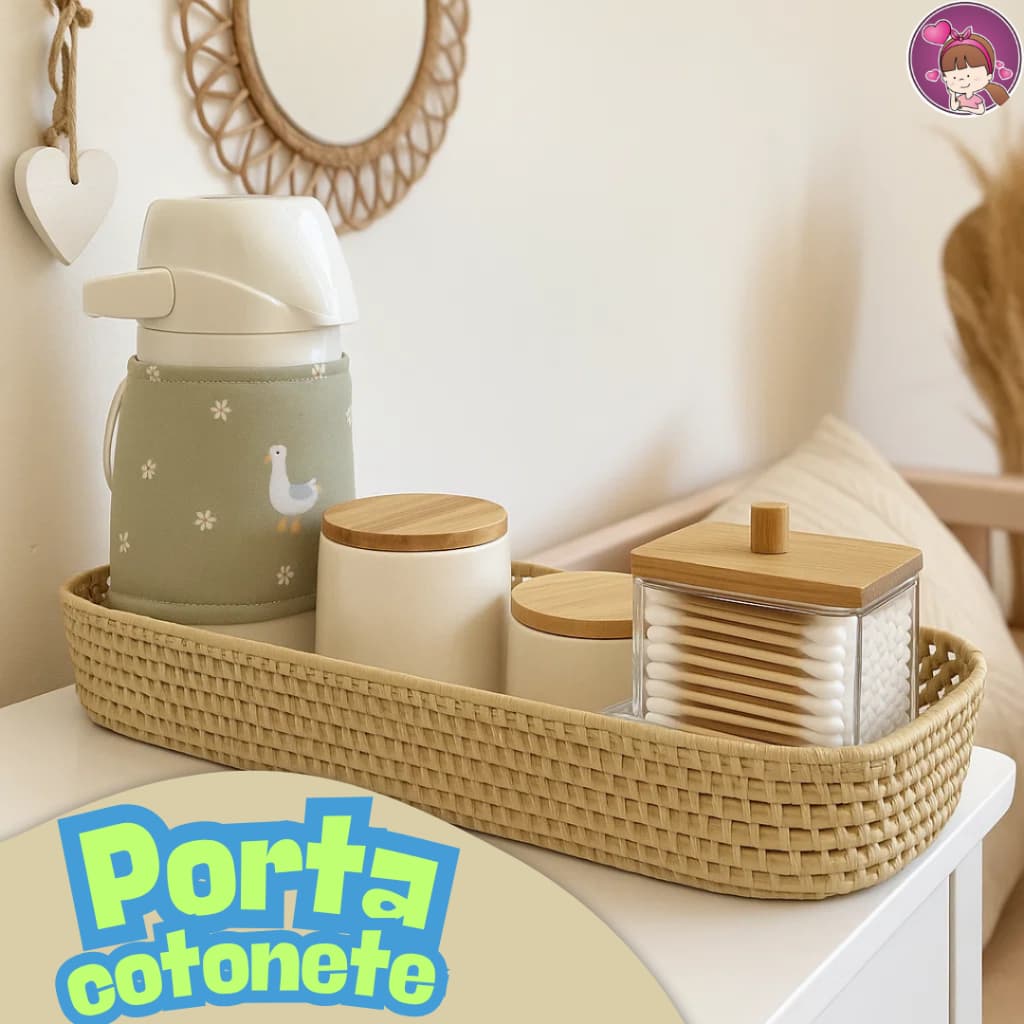 Porta Cotonete Algodão Organizador Com tampa de Bambu Acrílico Para Enxoval Bebê Banheiro Maquiagem