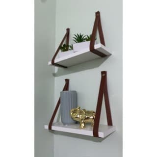 Kit 2 Prateleira MDF Branca 30X13 Alça Marrom Couro Ecológico Resistente Decoraçao Para Sala Varanda