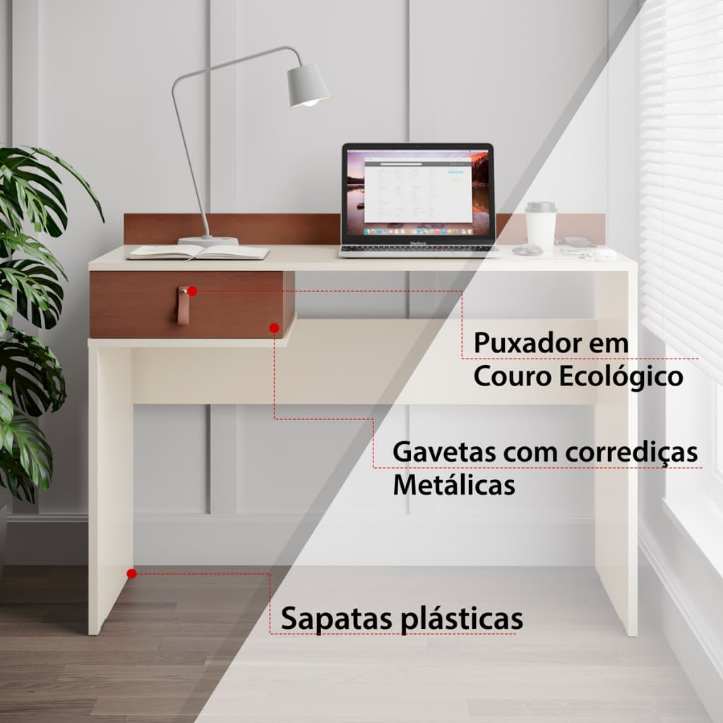 Escrivaninha para casa mesa de computador escritório 1 gaveta para estudo off White com madeirado