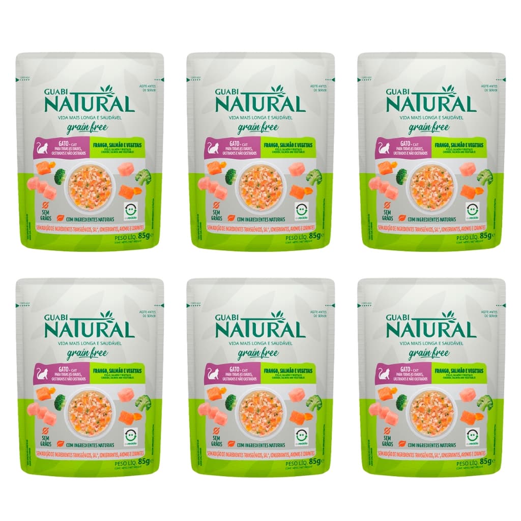 Ração Úmida Sachê Guabi Natural Gatos Grain Free Frango Salmão e Vegetais 85g 6 Unidades