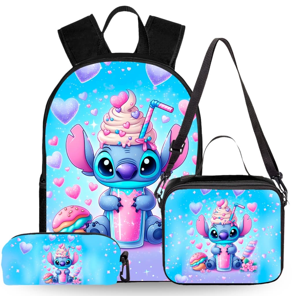 Kit Mochila Escolar Infantil Stitch Reforçada + Lancheira + Estojo com Costas Acolchoadas 25kg