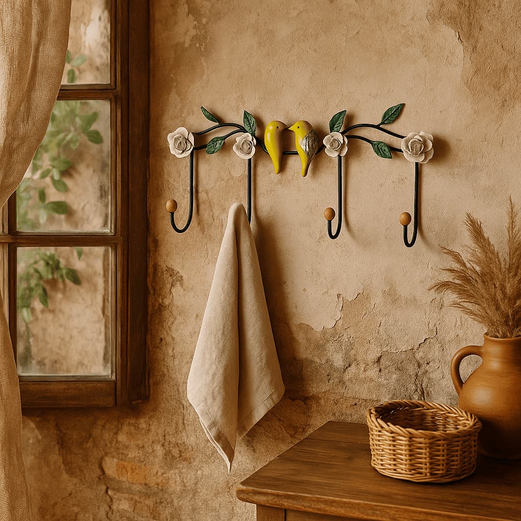 Cabideiro Com Pássaros E Rosas Parede Ferro Preto