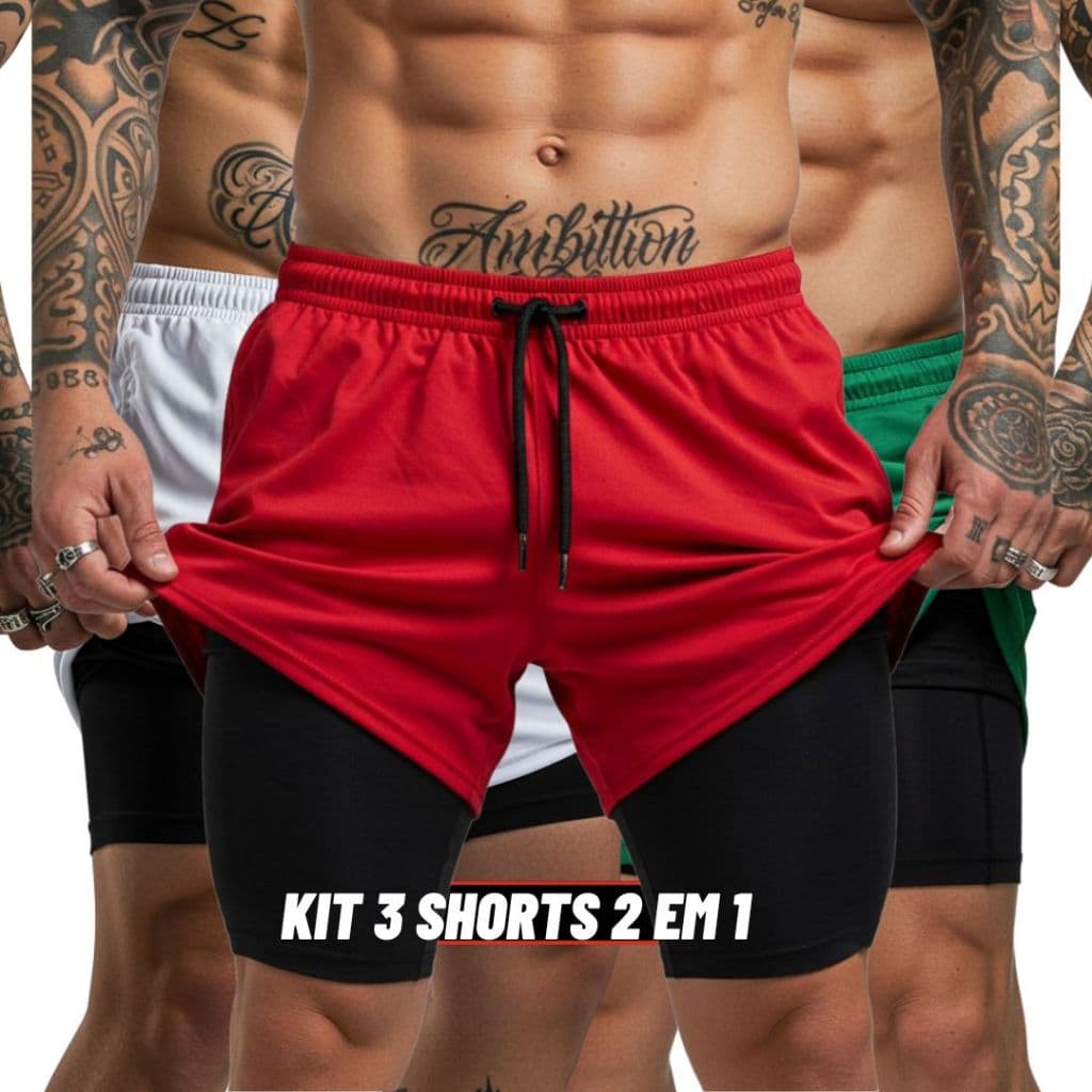 KIT 3 SHORTS 2 EM 1 DE ACADEMIA E CORRIDA