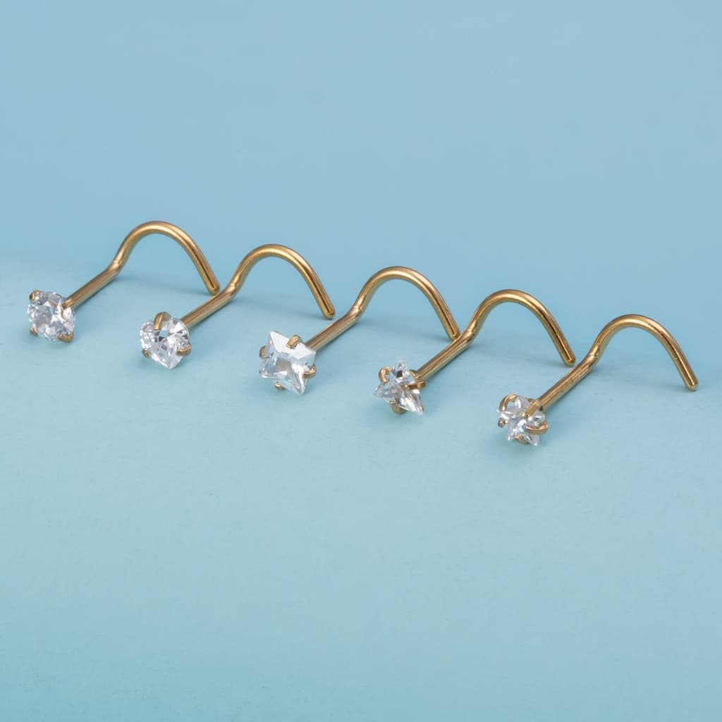 Piercing Nostril de Nariz Zircônia 5A de 3mm Estrela/Redondo/Quadrado/Coração em Aço Inoxidável Cirúrgico Dourado