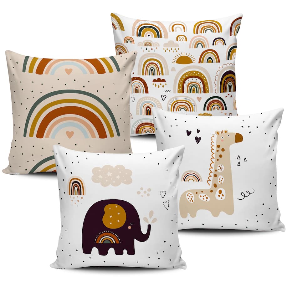 Kit Com 4 Capas Almofadas Infantil Arco Iris Boho 45x45cm Bege