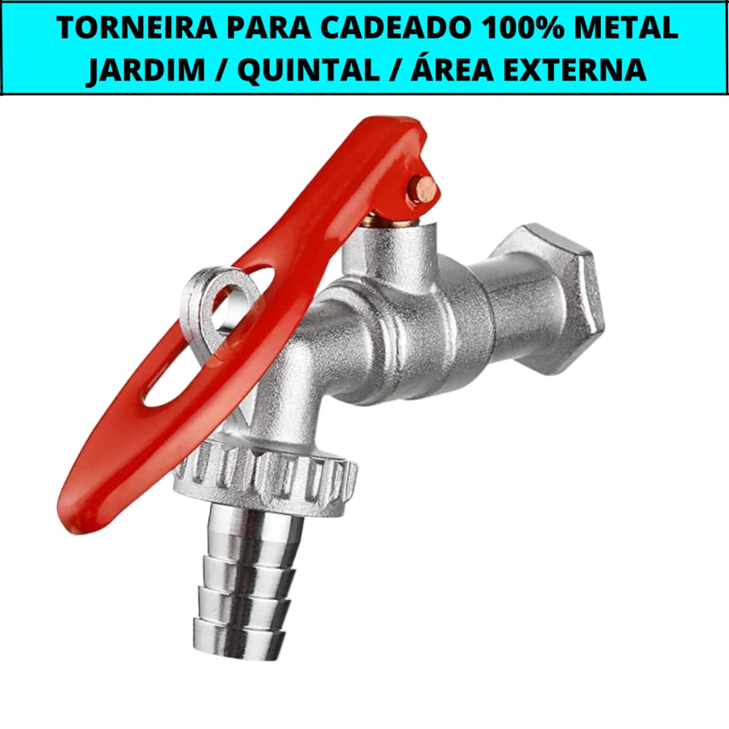 Torneira Esfera Cadeado 100% Metal Com Bico Encaixe De Mangueira Uso Em Jardim Quintal Tanque