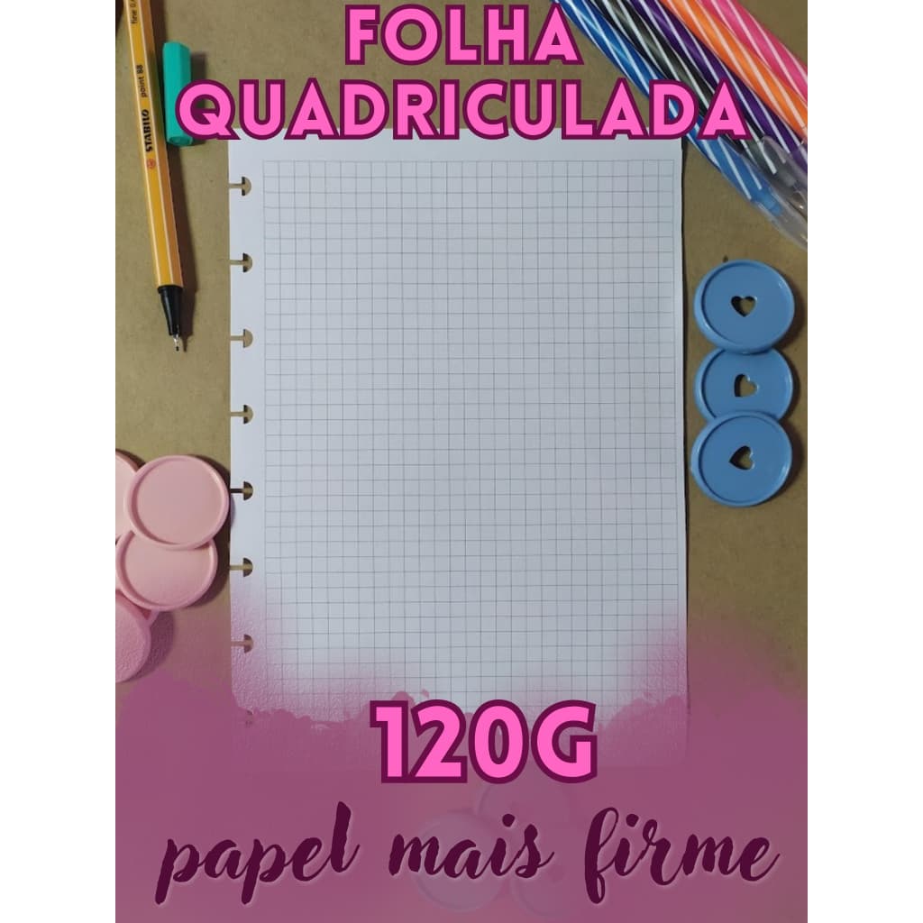 Refil de Folhas Caderno Inteligente/Caderno de Discos 120G -Quadriculado - Vários Tamanhos -Folha Offset