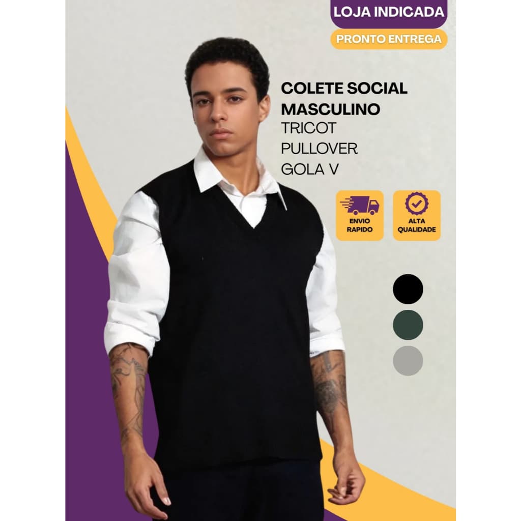 Colete Masculino Social Tricot Pullover Original Casual Gola V Usar Com Camisa e Jaqueta