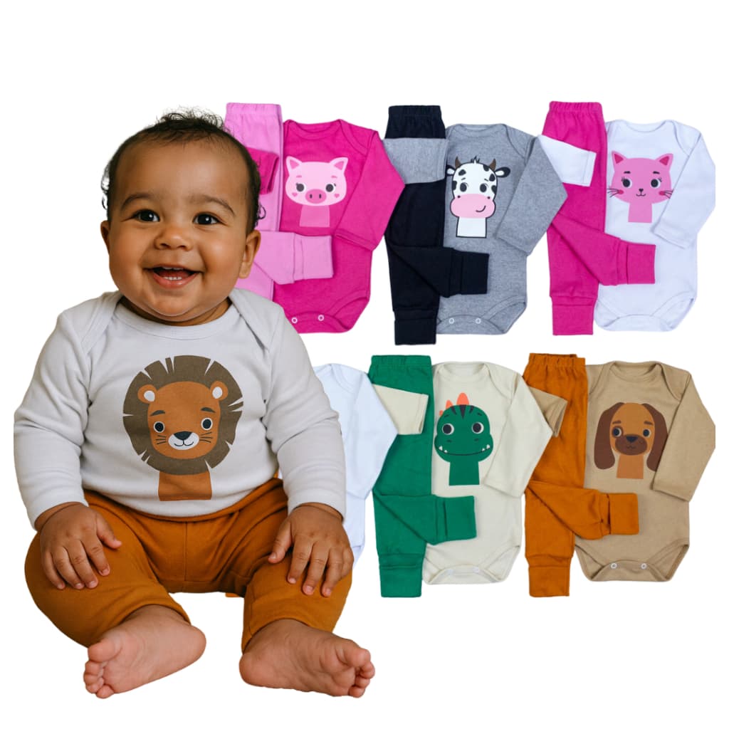 Kit Conjunto para bebê meia estação algodão com Body Manga Longa + Calça Mijão Pé Reversível