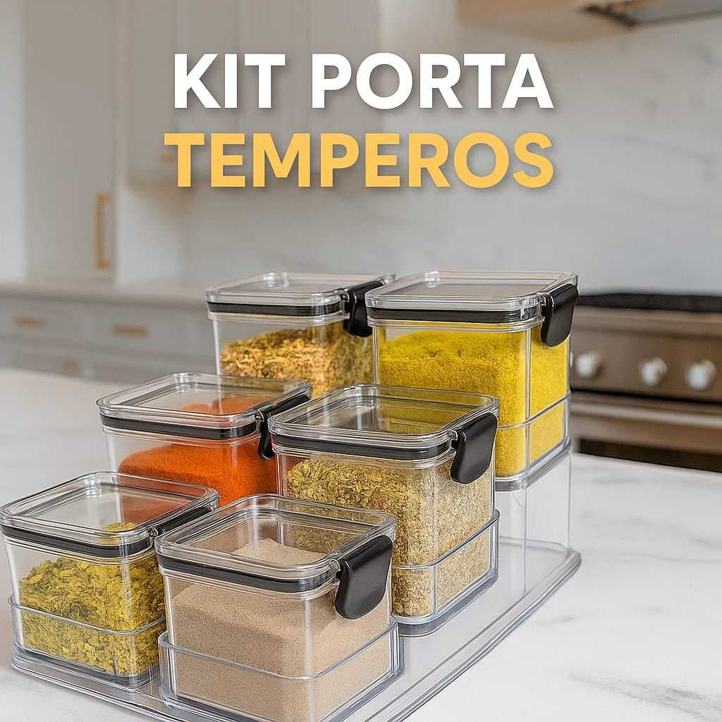 Kit Porta Temperos Herméticos Empilháveis com Suporte - 6 Potes 260ML