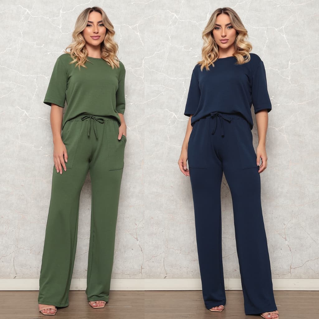 Conjunto Calça Pantalona C/Bolsos E Blusa Malha Feminino Estilosa Lançamento Promoção