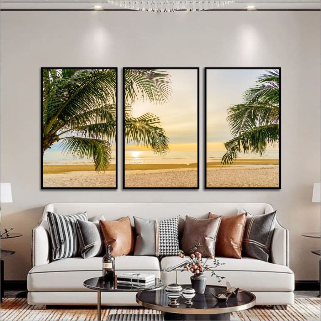 Quadro decorativo praia coqueiro feria mar por do sol lindo promoção
