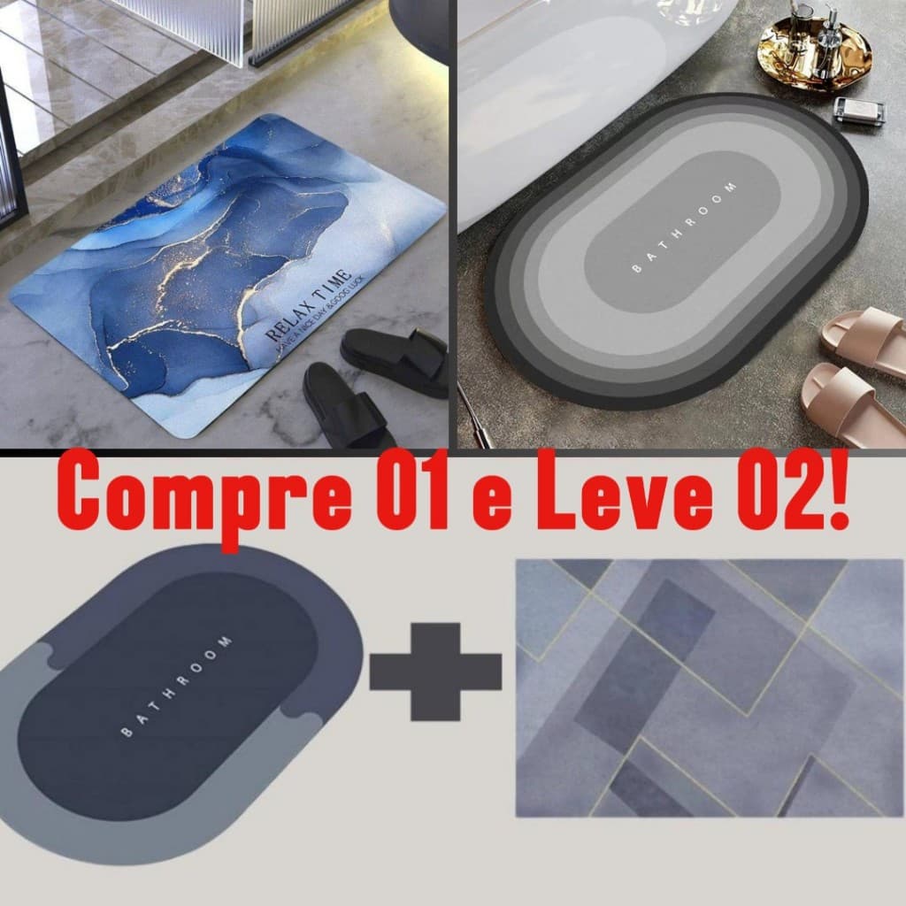 02 em 01 Kit Tapetes para Banheiro Absorvente Antiaderente Secagem Rápida Higiênico - Oval e Retangular - Multiuso