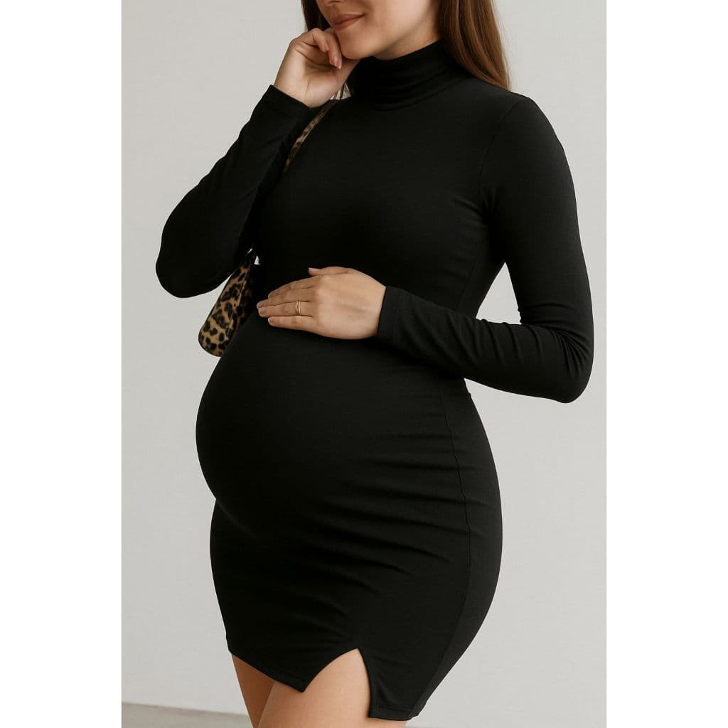 Vestido Justo Curto Gola Alta Fenda Manga Longa Suplex Elegante Confortável Gestante Plus Size