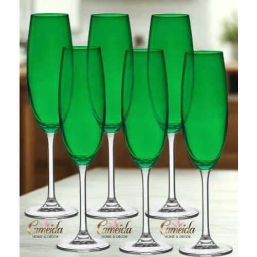 Jogo 6 Taças de Cristal Luxo Verde Alto Brilho  Para Champanhe/Espumante 220 ml Colibri/Gastro Bohemia
