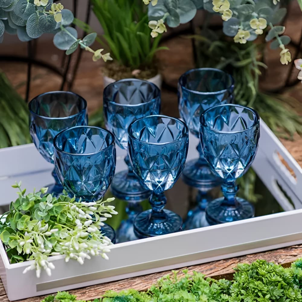 Jogo 6 Taças de Vidro Diamond Água Suco Vinho 320ml Azul Verde Rosa Lilás