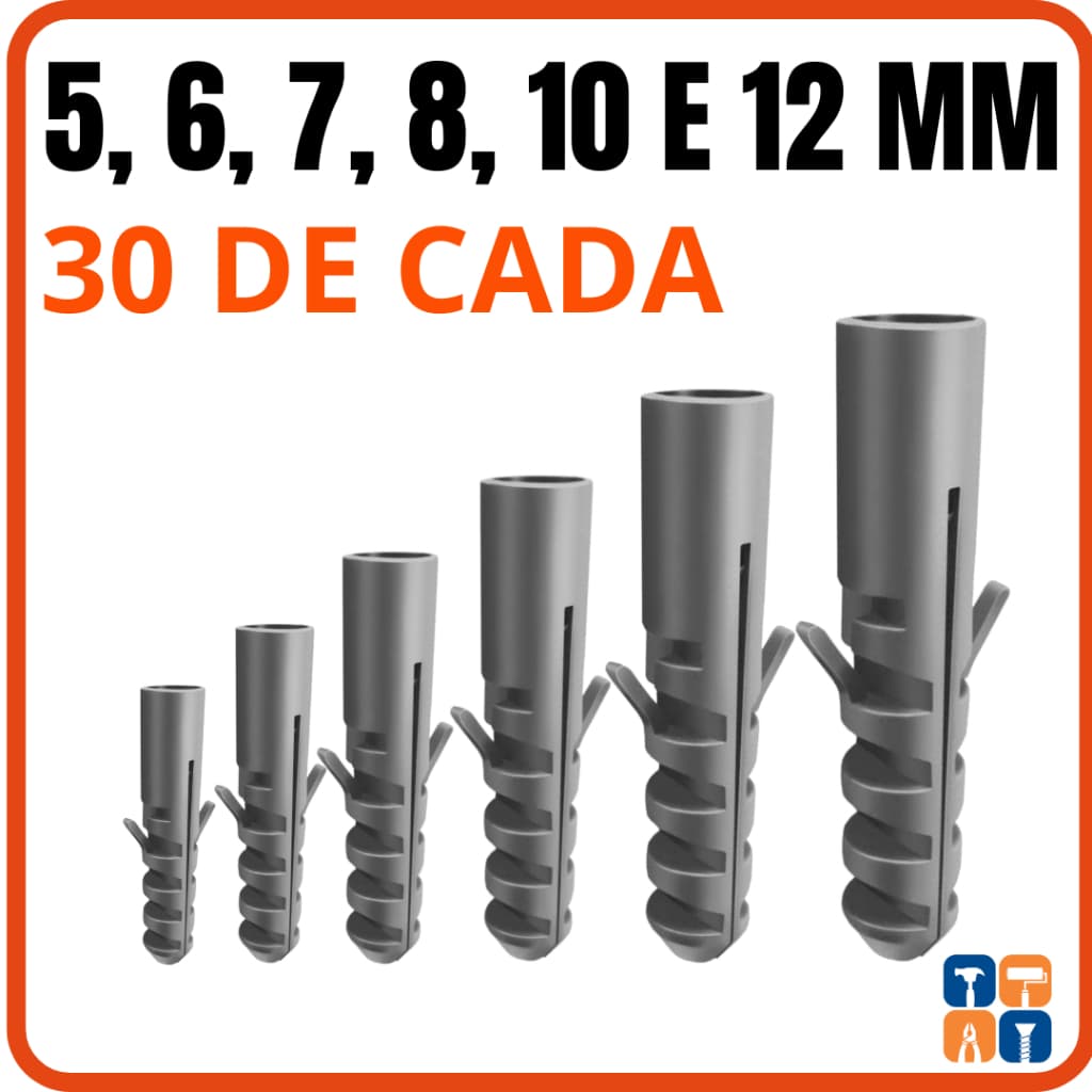 Kit Bucha 5  6  7  8  10  12 para Parede 180 Peças Kit Buchas 5mm 6mm 7mm 8mm 10mm 12mm de Fixação
