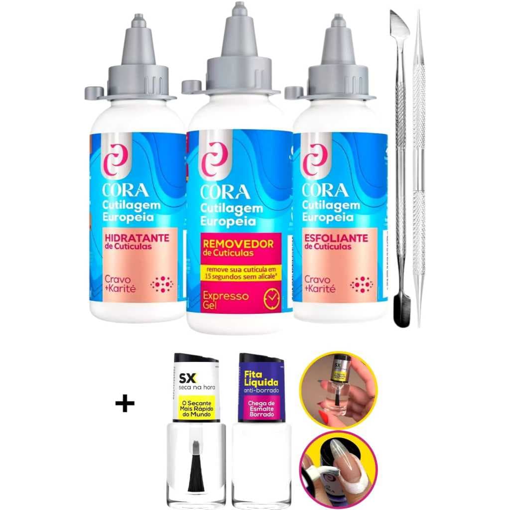 Kit Cutilagem Europeia  Cora 💅 Removedor + Hidratante + Esfoliante + Palito Inox + Espátula + SX Secante + Fita
