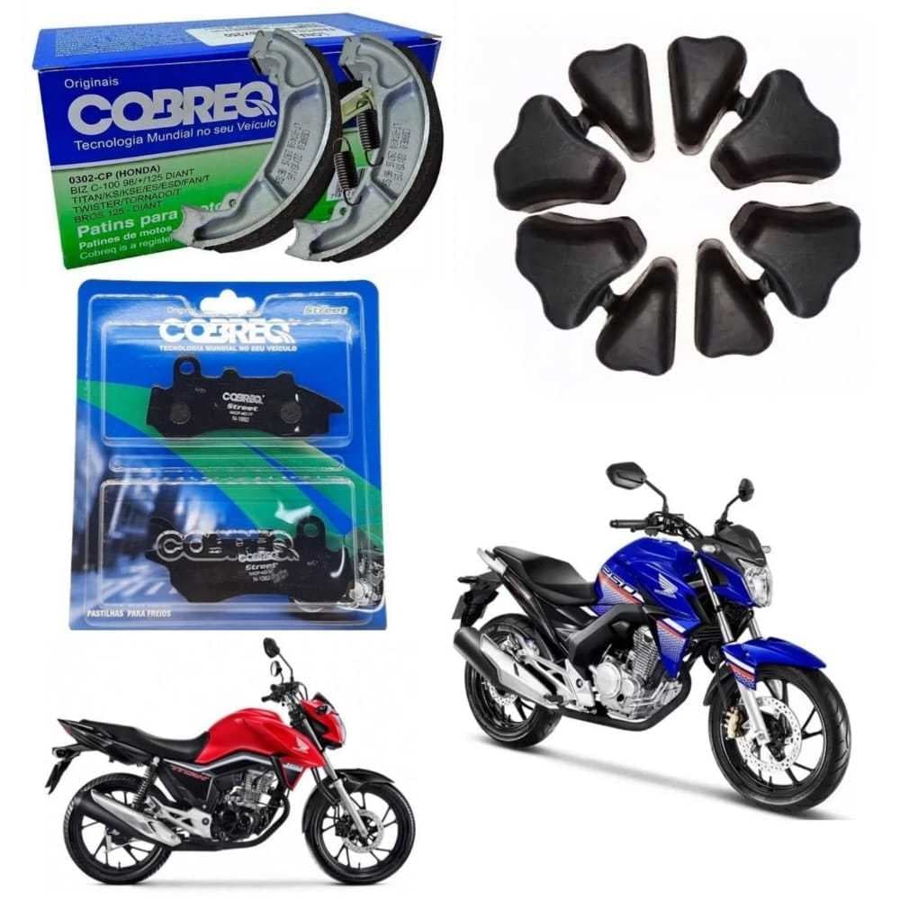 Kit Freio COBREQ: Pastilha Diant + Lona Tras + Bucha Coroa | Honda CG 160 Fan Titan Cargo CBS 2018