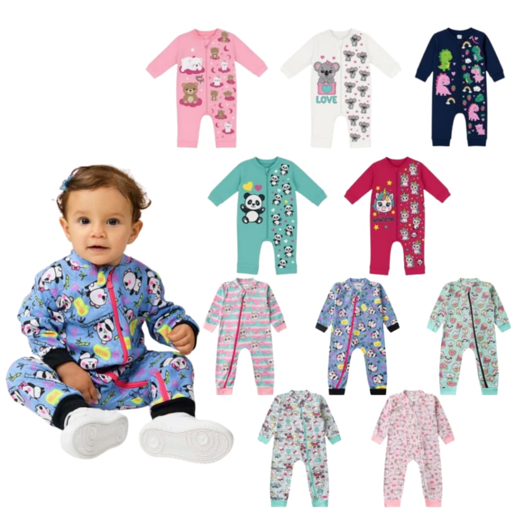 Kits Macacões Com Ziper Sortidos Menina Suedine - Envio Imediato (KIT de 2 a 5 macacões) Roupa Para Bebê