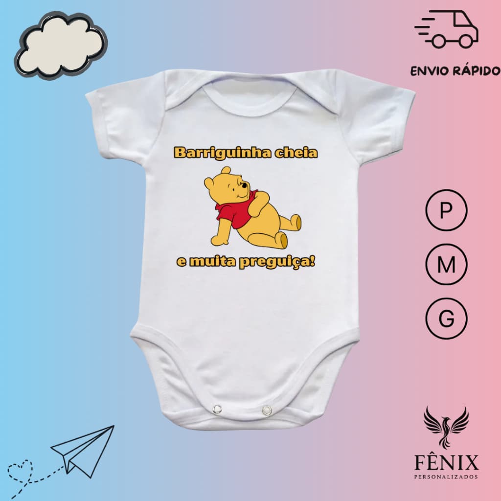 Body De Bebê Personalizado Criativo Infantil Ursinho Pooh Barriguinha Cheia E Muita Preguiça