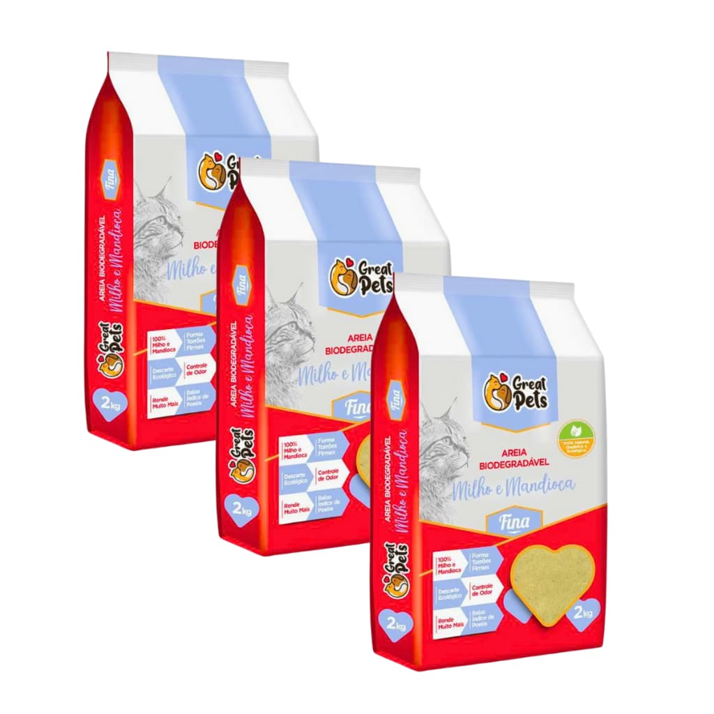 Kit 03 Areia Biodegradável Fina Great Pets para Gatos 6Kg (3 pacotes de 2 kg) Great Pets