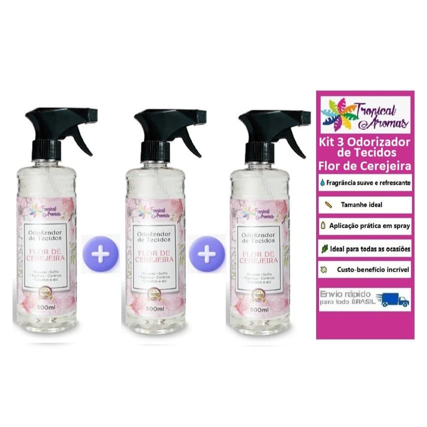 Kit 3 Spray Odorizador de Tecido Flor de Cerejeira 500ml Tropical Aromas